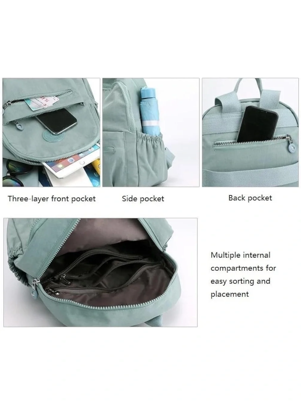 MUKAITE Mint Green Round Front Backpack with Zip Pocket